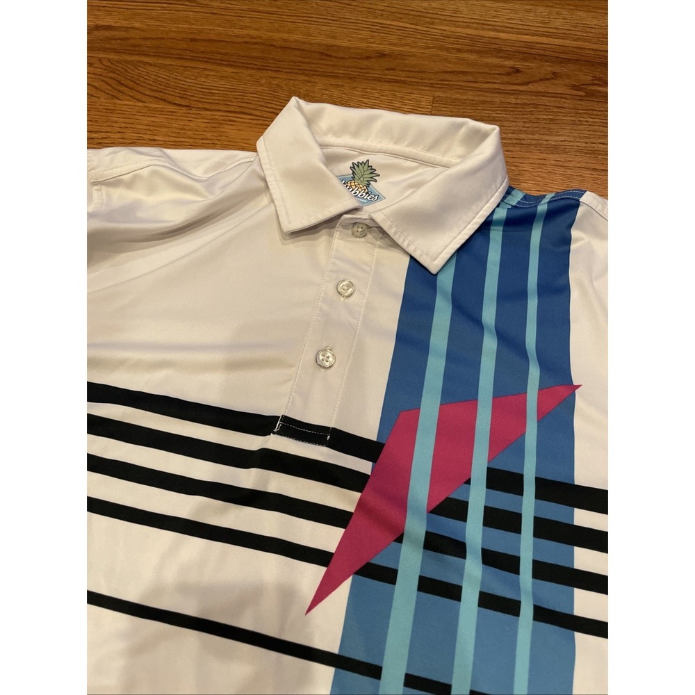 Chubbies Mens Polo Shirt Small White Retro 80s Geometric Stripe Performance